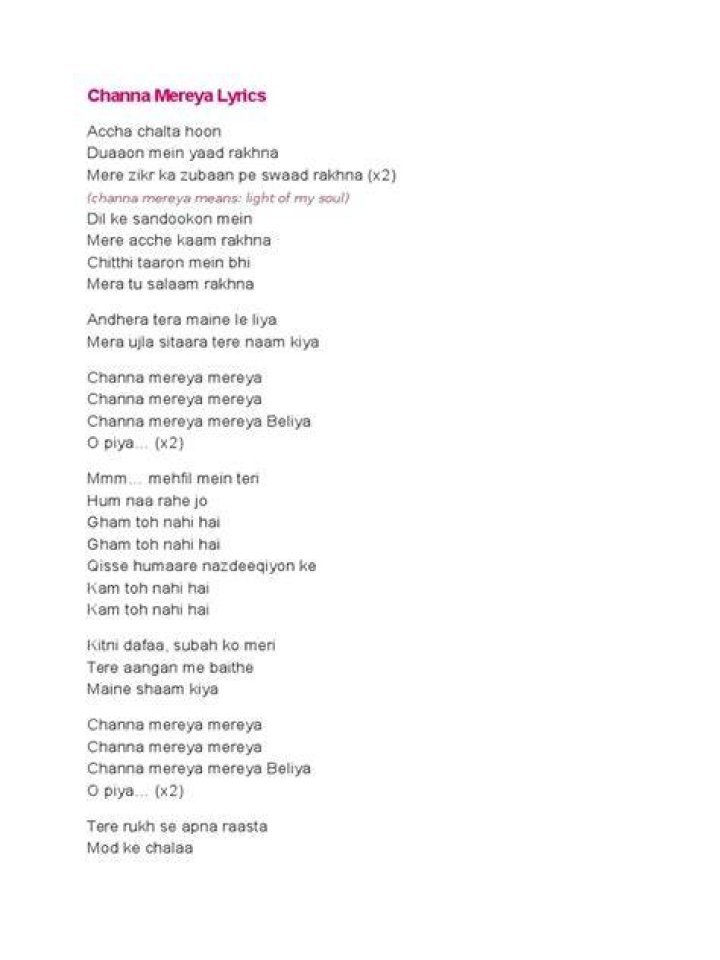 Channa mera lyrics