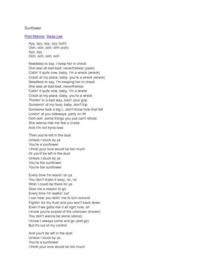Sunflower post malone clean version lyrics